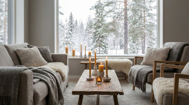 Cozy Living Room Interior with Snowy Forest Window View