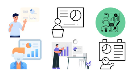 Presentation and Data Visualization Icons Featuring Pie Charts and Bar Graphs in Circular Frames