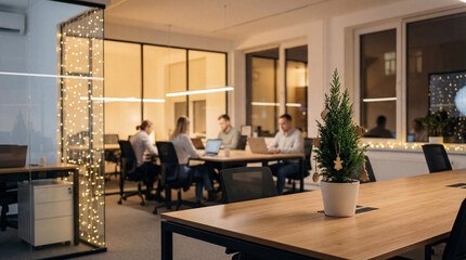 Modern Office Christmas Mood with Cozy Evening Lights