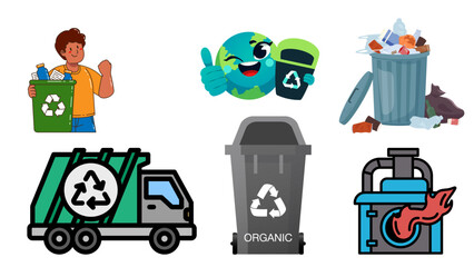 Cartoon Waste Management Icons Featuring Recycling, Organic Disposal, and Incineration