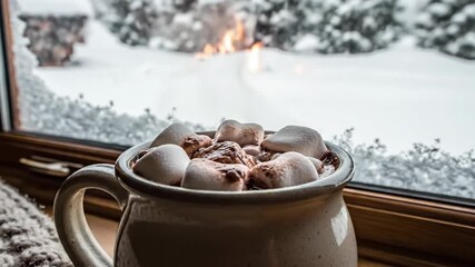 Steaming mug of hot chocolate with marshmallows by a window. Cozy winter scene with snow and an outdoor fire. Warm and comfortable beverage concept