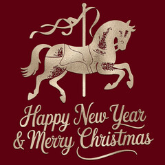 Vintage style golden carousel horse design for new year and merry christmas greetings, on a festive dark red background