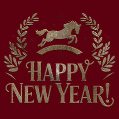 Happy new year message rendered in golden embossed text with a jumping horse, ornamental laurels, and snowflakes on a red background