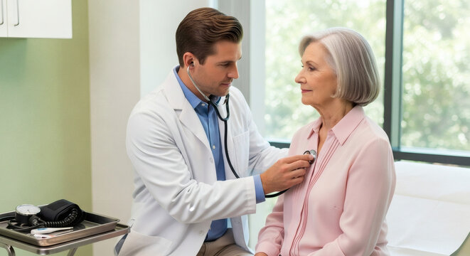 Caring doctor listens to senior patient's heart with stethoscope during checkup, promoting health and wellness with compassionate care in modern clinic