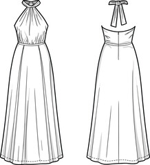 Cad drawing flat vector illustration, halter neck A-line dress design, fashion sketch, technical garment outline, pleated skirt, open back