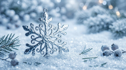 Silver Snowflake Ornament Standing In White Winter Snow Nature
