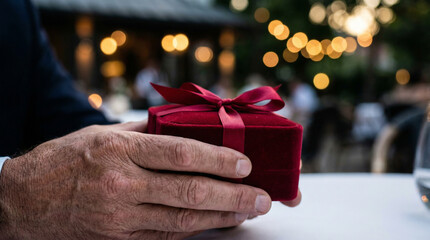 Male Hands Holding Red Velvet Jewelry Gift Box Present
