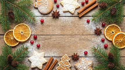 Christmas Gingerbread Cookies And Spices Frame On Wooden Table