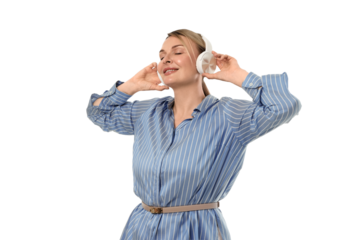 Joyful woman listens to music with headphones, isolated on white, PNG