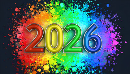 Vibrant Colorful Illustration Showing The Year 2026 With Paint Splatters