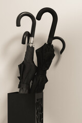 a minimalist scene featuring two closed black umbrellas placed in a contemporary umbrella stand against a light wall. The neutral tones and clean composition create a stylish, modern interior mood. Id