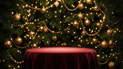 Empty Red Velvet Table Podium With Blurred Christmas Tree Background