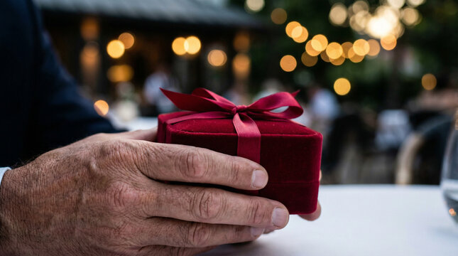Male Hands Holding Red Velvet Jewelry Gift Box Present
 - Powered by Adobe