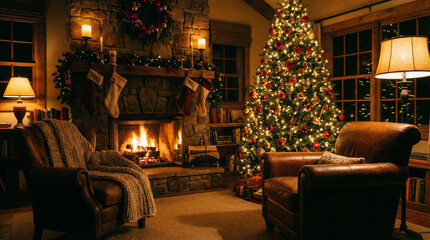 Cozy Living Room With Fireplace And Christmas Tree Lights