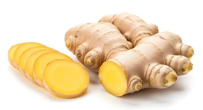 Fresh ginger root and slices isolated on white healthy spice - Powered by Adobe