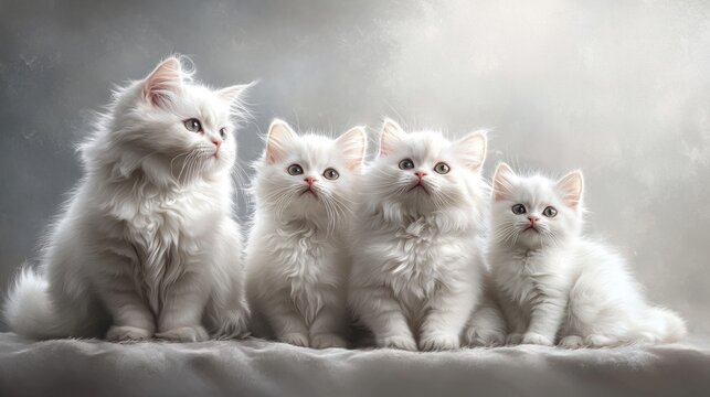 A mother cat is holding her cubs. The cubs are small and fluffy, and they are all smiling, Concept of warmth and love between the mother and her children - Powered by Adobe