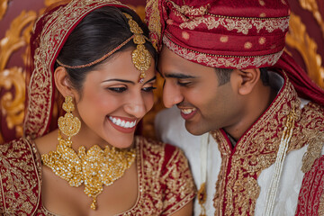 Traditional Indian wedding couple in elegant bridal attire, captured in warm, intimate portraits with rich details, jewelry and ceremonial clothing. Authentic, emotional and vibrant imagery.