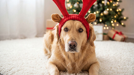 Cute Golden Retriever Dog Wearing Red Reindeer Antlers
