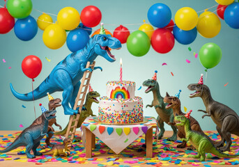 Dinosaur birthday party with cake, balloons, and colorful confetti decorations