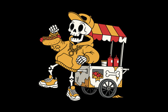 Skeleton hot dog vendor with food cart illustration.