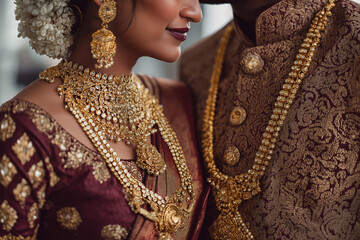 Traditional Indian wedding couple in elegant bridal attire, captured in warm, intimate portraits with rich details, jewelry and ceremonial clothing. Authentic, emotional and vibrant imagery. ai