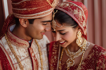 Traditional Indian wedding couple in elegant bridal attire, captured in warm, intimate portraits with rich details, jewelry and ceremonial clothing. Authentic, emotional and vibrant imagery. ai