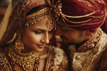 Traditional Indian wedding couple in elegant bridal attire, captured in warm, intimate portraits with rich details, jewelry and ceremonial clothing. Authentic, emotional and vibrant imagery. ai