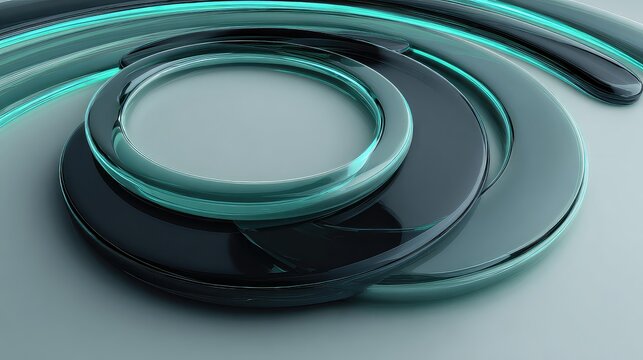 Modern abstract background with stunning transparent teal and black glass circles for creative projects, conveying innovation and technological advancement, perfect for futuristic designs