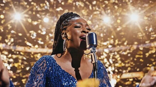 Powerful performance by a glamorous African American female singer on stage with confetti.