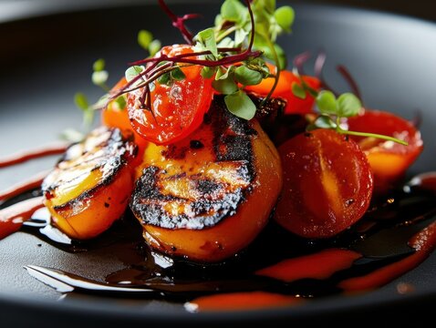 Delicious grilled peaches with cherry tomatoes and microgreens on a black plate