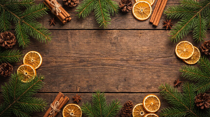 Rustic Wooden Christmas Background With Fir Branches And Spices