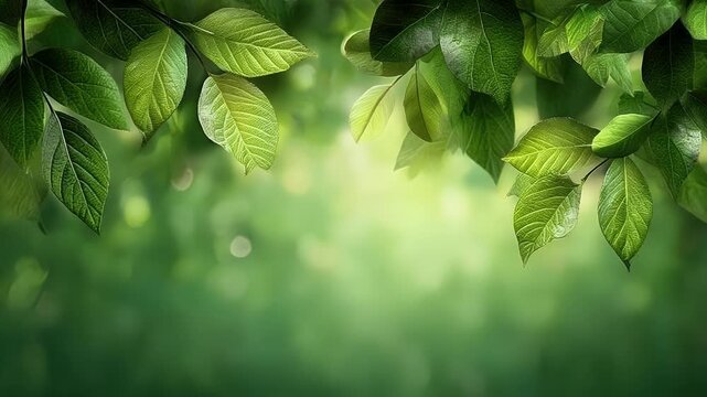 Dynamic green leaves swaying gently creating a calming natural background with vibrant bokeh for eco friendly organic designs and summer freshness