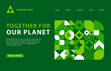Green landing page of ecology business company with geometric pattern, vector template. Landing page menu layout for environment protection and planet ecology or green nature conservation project