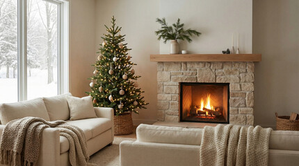 Cozy Living Room Interior With Christmas Tree And Burning Fireplace