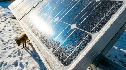 Red Fox Walking Near Frosted Solar Panel In Winter Snow