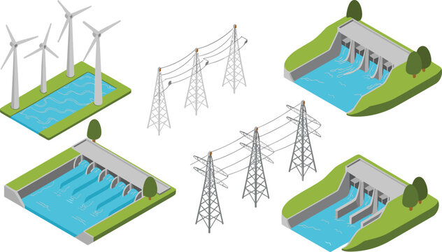 Isometric renewable energy illustration with wind turbines, hydroelectric dams, power transmission lines, water canals, green energy infrastructure, eco power systems