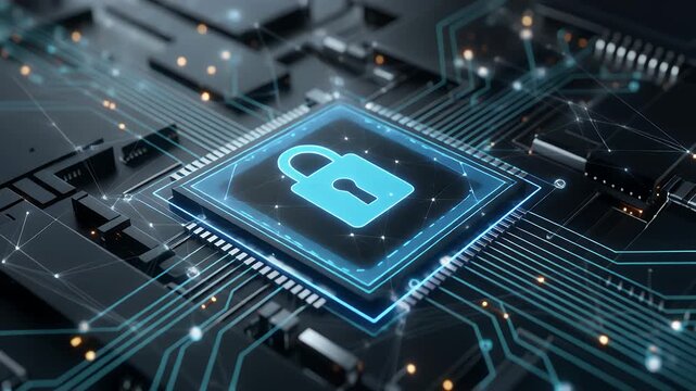 Cybersecurity video featuring an animated padlock on a modern circuit board, perfect for showcasing data protection and digital security solutions - Powered by Adobe