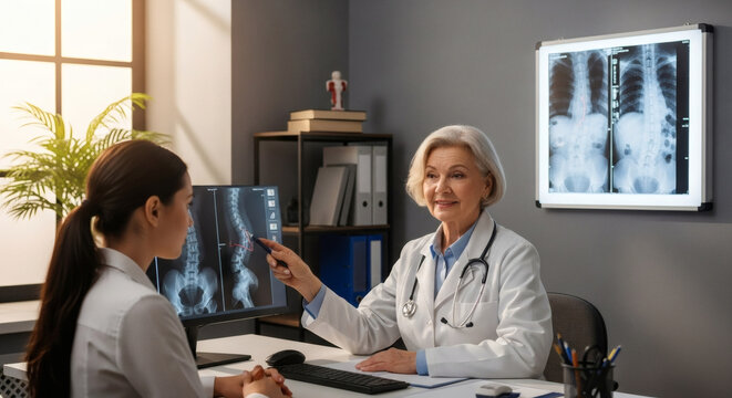 Caring doctor explaining spinal X-ray results to patient in clinic, offering health advice and support for well-being and healthcare decisions now - Powered by Adobe