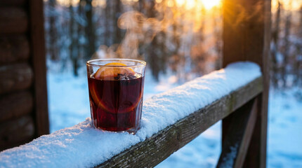 Hot Winter Mulled Wine at Sunset on Snow