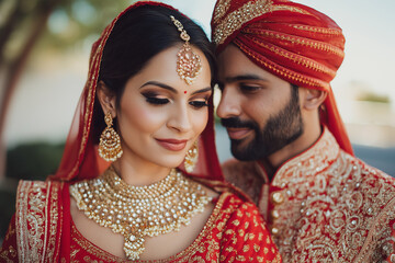Traditional Indian wedding couple in elegant bridal attire, captured in warm, intimate portraits with rich details, jewelry and ceremonial clothing. Authentic, emotional and vibrant imagery. ai