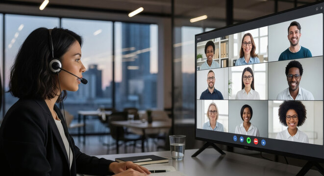 Engaging virtual team meeting in modern office space shows diverse professionals connecting remotely, fostering collaboration and innovation through technology