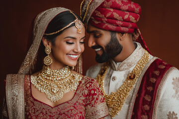 Traditional Indian wedding couple in elegant bridal attire, captured in warm, intimate portraits with rich details, jewelry and ceremonial clothing. Authentic, emotional and vibrant imagery. ai