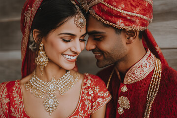Traditional Indian wedding couple in elegant bridal attire, captured in warm, intimate portraits with rich details, jewelry and ceremonial clothing. Authentic, emotional and vibrant imagery. ai