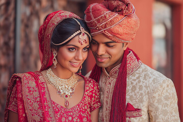 Traditional Indian wedding couple in elegant bridal attire, captured in warm, intimate portraits with rich details, jewelry and ceremonial clothing. Authentic, emotional and vibrant imagery. ai