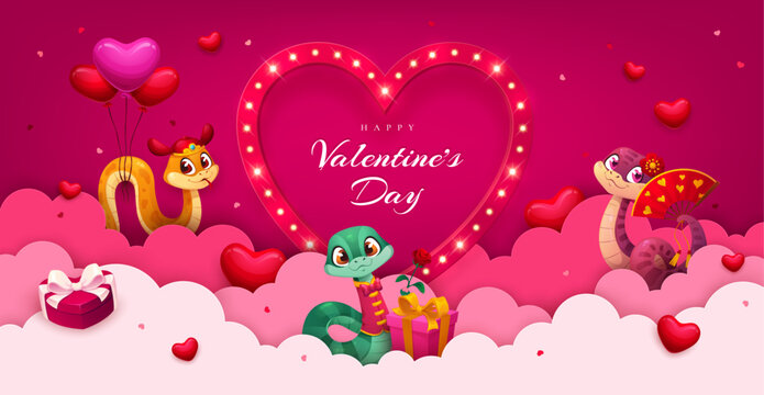 Happy Valentines Day paper cut banner with cherubs and pink clouds. Romantic holiday vector greeting card of cartoon Cupid characters with love arrows, bows and hearts above 3d paper cut clouds border