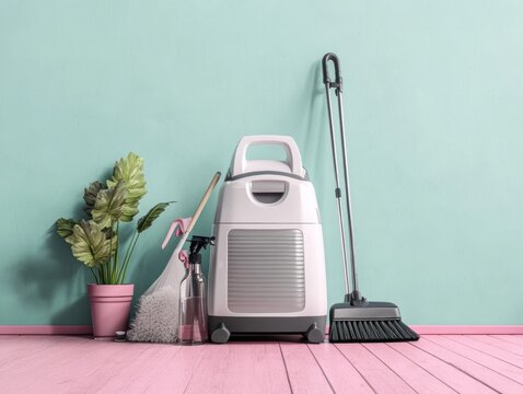 Various cleaning tools organized neatly against a pastel wall in a well-lit room