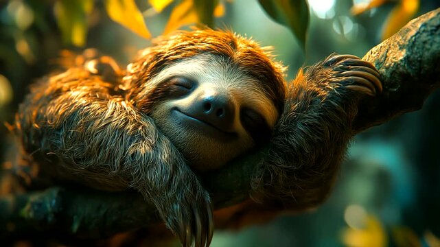 A relaxed sloth resting on a tree branch in a lush, vibrant rainforest