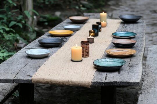 Bohemian table setting with colorful plates and candle arrangement