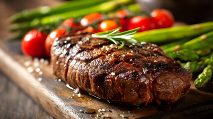 Grilled steak with fresh vegetables on wooden cutting board showcasing culinary artistry