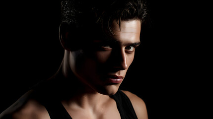 Young male model with intense gaze in dramatic lighting showcasing strong facial features